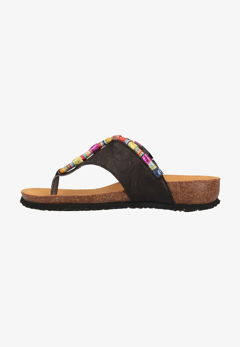 Brown leather flip-flop sandal with colorful beaded accents along the strap and a cork footbed, featuring a textured black rubber sole.