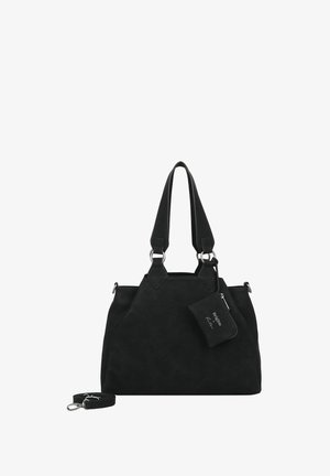 Sac à main en simili cuir noir avec deux poignées, fermeture à glissière et pochette amovible. Doté de quincaillerie en métal argenté et d'une finition douce texturée.