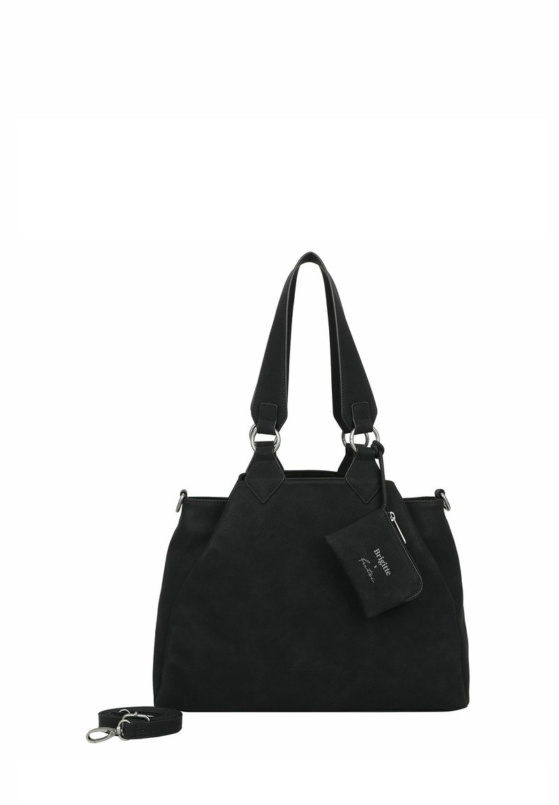 Borsa a mano in finta pelle nera con doppi manici, chiusura con zip e pochette piccola removibile. Presenta elementi metallici argentati e una finitura morbida e testurizzata.