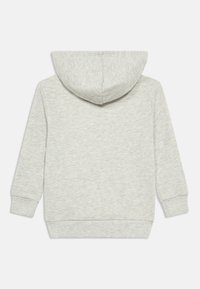 Ανοιχτό γκρι φούτερ με απαλό ύφασμα, μακριά μανίκια και κουκούλα στο ίδιο χρώμα· διαθέτει ριγέ μανσέτες και στρίφωμα· απλό σχέδιο χωρίς διακοσμήσεις.