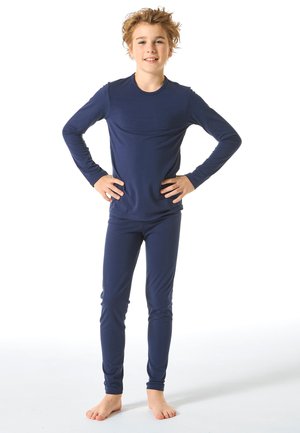 Navy blue long-sleeve top and pants set made of smooth, stretchy fabric. The design features a fitted silhouette and minimal seams.