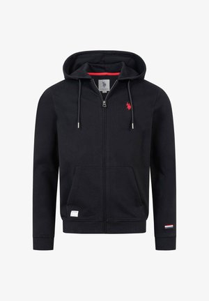 Black zip-up hoodie with front pockets, drawstrings, red logo on chest, and small flag detail on left sleeve cuff.