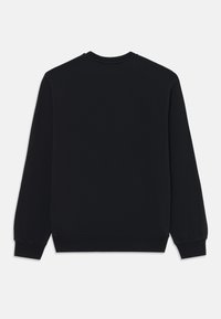 Schwarzer Sweatshirt mit Rundhalsausschnitt, langen Ärmeln und gerippten Bündchen. Glatte Stoffoberfläche, keine sichtbaren Muster oder Designs.