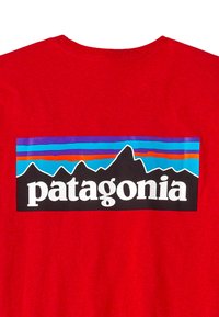 Camisa roja con una silueta de montaña colorida y la palabra "patagonia" en letras blancas en negrita atravesando el pecho.