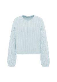 Helles blaues Strickpullover mit Rundhalsausschnitt, strukturiertem Körper und Zopfmuster an den Ärmel. Verkürzte Länge mit gerippten Bündchen.