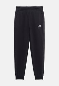 Juodi sportiniai šortai pagaminti iš minkštos medžiagos, su elastingu juosmeniu, dviem šoninėmis kišenėmis ir baltu "Nike" logotipu kairiajame šlaunyje.