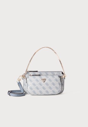 Blue patterned handbag with gold chain and leather strap, featuring a zip closure and logo accent on front. Compact rectangular shape.