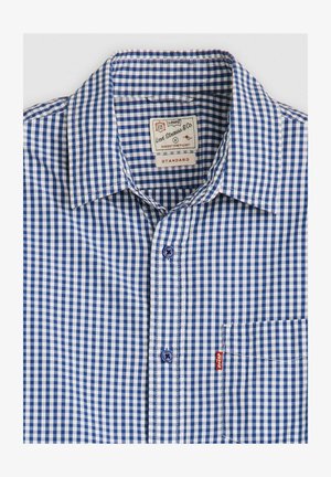 Blau-weiß kariertes Gingham-Hemd mit Standardkragen, einer Brusttasche und einem Levi's-Label. Verfügt über blaue Knöpfe und kontrastierende Nähte.