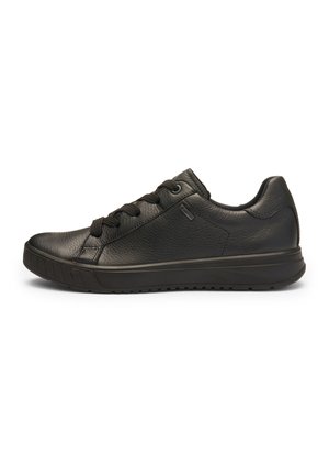 Black low-top leather sneaker with lace-up front, padded collar, and textured rubber sole, shown in side profile on white background.