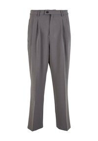 Pantalon de costume gris plissé avec fermeture à bouton et zip, passants pour ceinture, et jambes droites effilées.