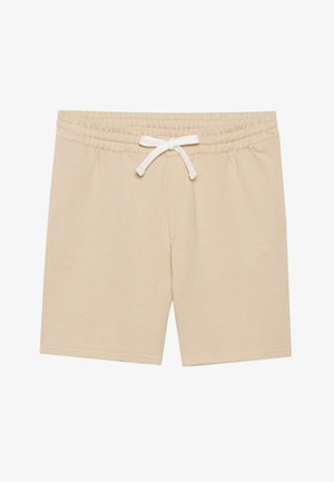 Beige színű pamut sort, rugalmas derékkal és fehér zsinórral. Egyenes szabású, látható minták vagy díszítések nélkül tervezték.