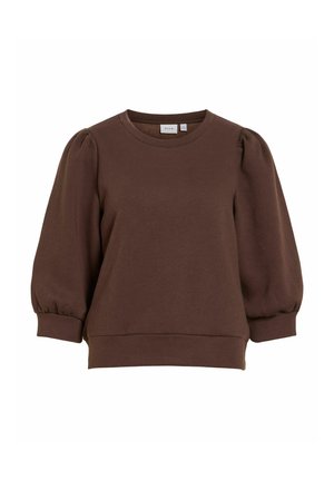 Sudadera marrón de manga larga con hombros abullonados y puños ajustados, cuello redondo, confeccionada con tela suave.