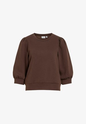 Sudadera marrón de manga larga con hombros abullonados y puños ajustados, cuello redondo, confeccionada con tela suave.