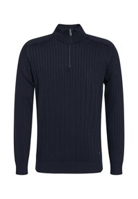 Marineblauwe pullover sweater met een kwart rits, voorzien van ribbeltextuur, lange mouwen en een aansluitend ontwerp. Gemaakt van een zachte gebreide stof.