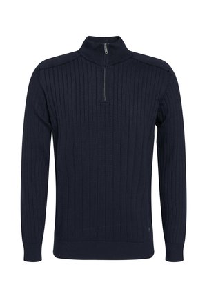Suéter de punto marino con cremallera de un cuarto, que presenta textura acanalada, mangas largas y un diseño ajustado. Fabricado en un material de punto suave.