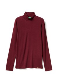 Bordeauxfarbener Rollkragenpullover, leichtes Material, lange Ärmel, taillierte Passform, mit einem genähten Saum und einem kleinen Logo-Detail nahe dem unteren Ende.