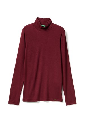 Top de cuello alto burdeos, tejido ligero, de manga larga, diseño ajustado, presenta un dobladillo cosido y un pequeño logo cerca de la parte inferior.