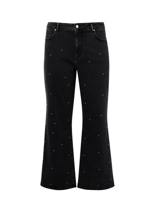 Sorte vide ben jeans med høj talje, knap- og lynlås lukning samt et mønster af små spredte hvide prikker.