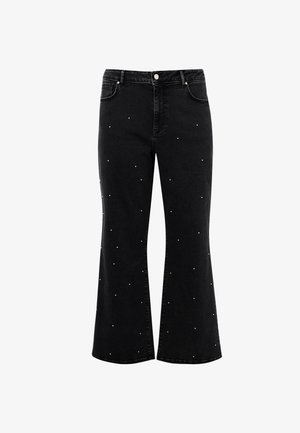 Zwarte wijdvallende jeans met hoge taille, knoop- en ritsluiting, en een patroon van kleine verspreide witte stippen.