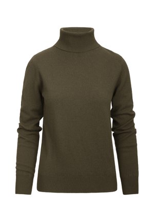 Olivenfarget høyhalset genser laget av mykt strikket stoff, med lange ermer og ribbestrikkede mansjetter og nederkant for en figursydd look.