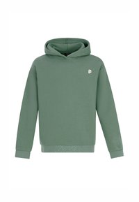 Groene hoodie van een katoenmix, met een voorste kangoeroezak, ribgebreide manchetten en een klein logo op de borst. Stevige textuur.
