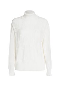 White knitted sweater featuring a turtleneck, cable pattern, long sleeves, and ribbed cuffs and hem. Soft texture with a smooth finish.