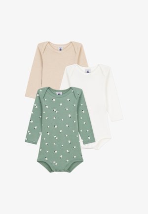 Trois bodysuits à manches longues : un beige rayé, un crème et un vert avec un imprimé de moutons. Tous sont fabriqués en coton doux.