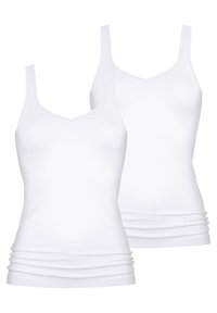Two white cotton tank tops featuring a v-neck design, thin straps, fitted shape, and gathered details at the hem.