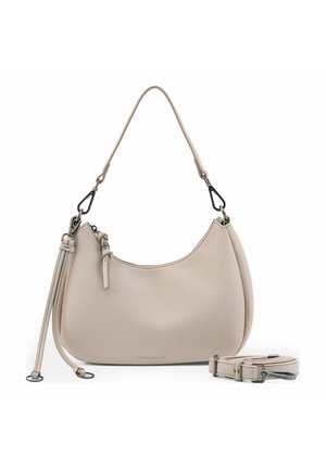 Beige Lederschultertasche mit abnehmbarem Riemen, Reißverschluss und dekorativer Quaste, vor weißem Hintergrund platziert.