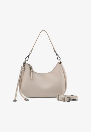 Beige Lederschultertasche mit abnehmbarem Riemen, Reißverschluss und dekorativer Quaste, vor weißem Hintergrund platziert.