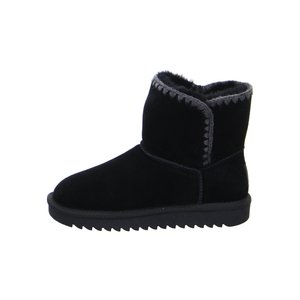 Schwarzer Winterstiefel aus Wildleder mit grauem Fellfutter und dekorativer Naht, flache Gummisohle mit profiliertem Profil.