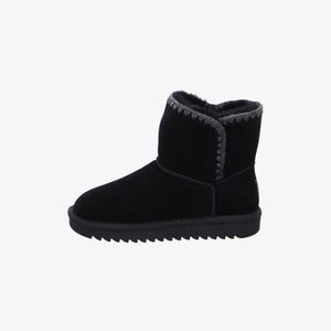 Black suede winter boot with gray fur lining and decorative stitching, flat rubber sole with ridged tread.