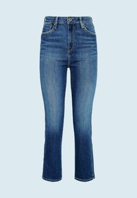 Blå denimjeans med hög midja, rak passform, ljus blekning och klassisk femfickdesign. Har en framknapp och dragkedjestängning.