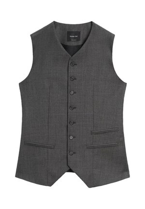 Gilet sans manches gris avec un col en V, comportant cinq boutons, deux poches à l'avant et un design de tissu uni et texturé.