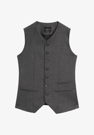 Gilet sans manches gris avec un col en V, comportant cinq boutons, deux poches à l'avant et un design de tissu uni et texturé.