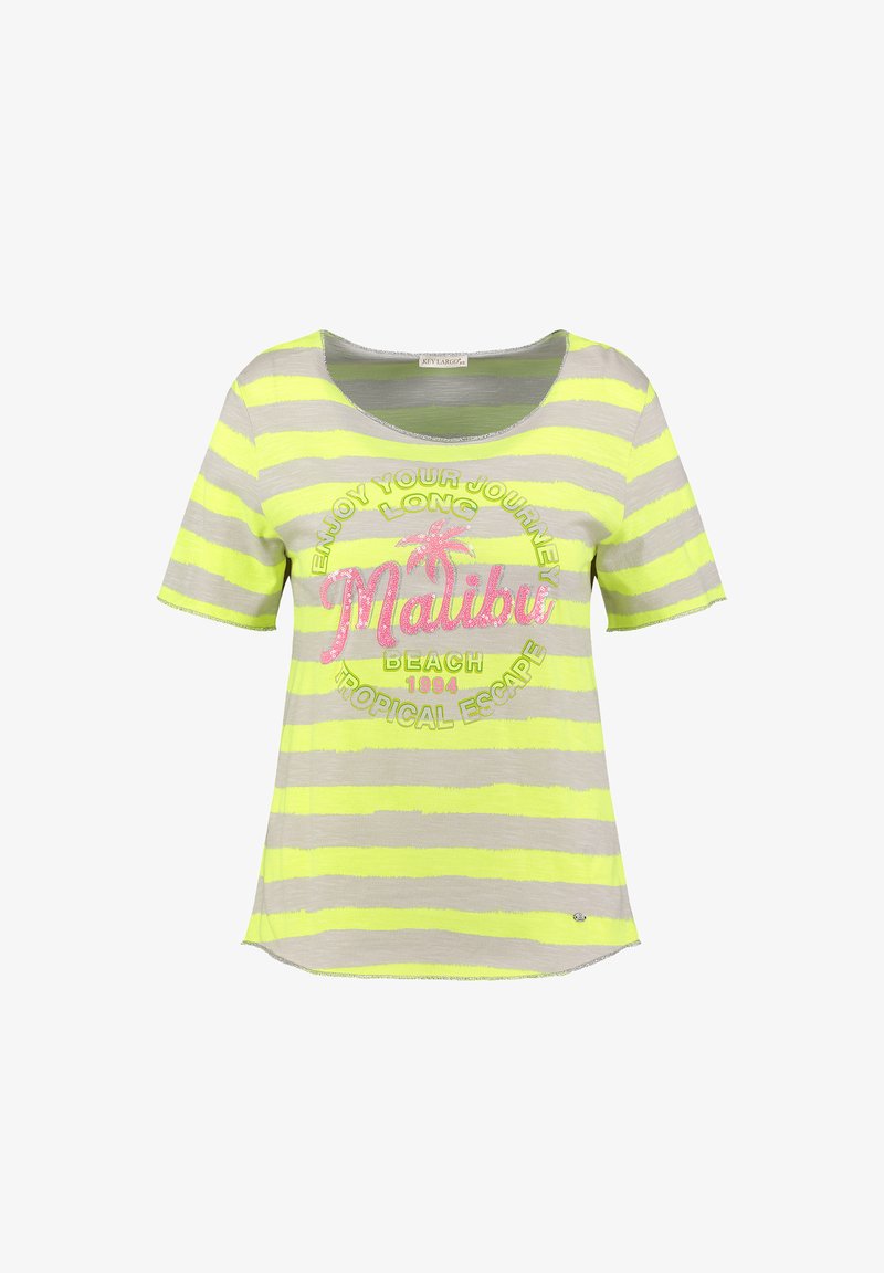 Camiseta de manga corta de rayas en neón amarillo y gris con la inscripción "Malibu Beach 1994" y un gráfico de una palmera rosa en el frente.
