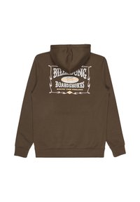 Hoodie marron présentant un imprimé graphique au dos, avec du texte blanc et beige et un motif de vagues. Tissu en coton, coupe décontractée, poignets côtelés.