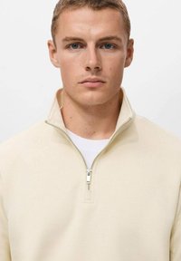 Cream-colored sweatshirt with a half zip, made of soft fabric. Features a high collar and a subtle sheen, layered over a white t-shirt.