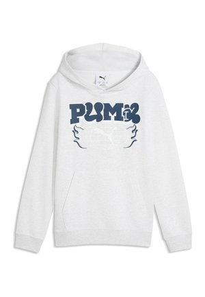 Biała bluza z kapturem z granatową grafiką z napisem "PUMA" nad motywem globu i płomienia, wyposażona w kieszeń z przodu.