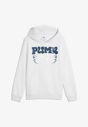 Hvid hættetrøje med en navy-blå grafik med teksten "PUMA" over et design med en globus og flamme, med en forlommeslomme.