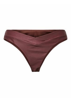 Brune bikiniunderdel med en snoet talje og høje benåbninger, designet til badetøj eller strandtøj.