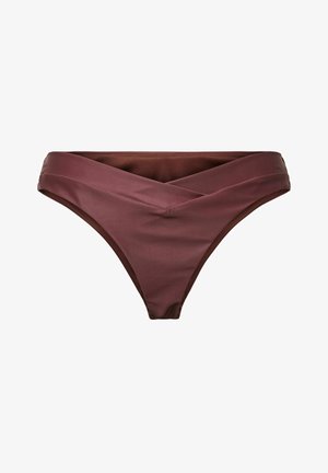 Brune bikiniunderdel med en snoet talje og høje benåbninger, designet til badetøj eller strandtøj.