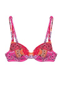 Pink and orange padded bra with paisley patterns, adjustable straps, and decorative accents. Features a seamless design and vibrant colors.