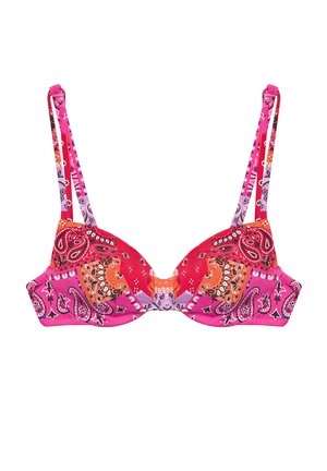 Sutien cu padding roz și portocalie, cu modele paisley, bretele reglabile și accente decorative. Prezintă un design fără cusături și culori vibrante.