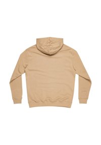Beige hoodie met een capuchon met trekkoord, lange mouwen, ribgebreide manchetten en zoom. Gemaakt van zacht materiaal met een gladde textuur.