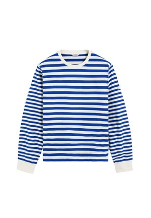 Camisa de manga larga con rayas horizontales azules y blancas, cuello redondo, puños de canalé y tejido de algodón suave.
