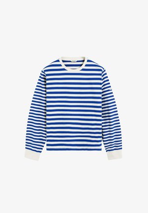 Koszula z długim rękawem w poziome niebieskie i białe paski, okrągły dekolt, ściągacze przy mankietach oraz miękka bawełniana tkanina.