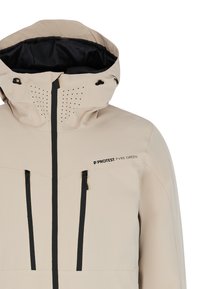 Beige hooded jacket with black zipper and chest pockets, featuring "Protest PvRE Green" logo on the right chest area.