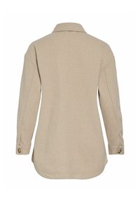 Giacca camicia in misto lana beige con silhouette allungata, colletto e polsini dotati di bottoni, caratterizzata da una finitura morbida e texturizzata.