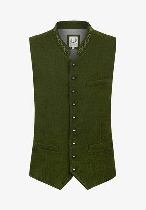 Grüner Wollwesten mit schmalem Schnitt, ausgestattet mit schwarzen Knöpfen, einer kleinen Tasche und dekorativer Stickerei entlang des Kragens.